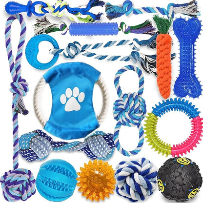 Dog Toys 15 Pack for Teeth Cleaning and Fun, Puppy Teething Chew Toys Interactive Rope Squeaky Treat Balls &amp; Rubber Tous Bulk– Variety Dog Gifts Set Reduce Anxiety &amp; Save Furniture