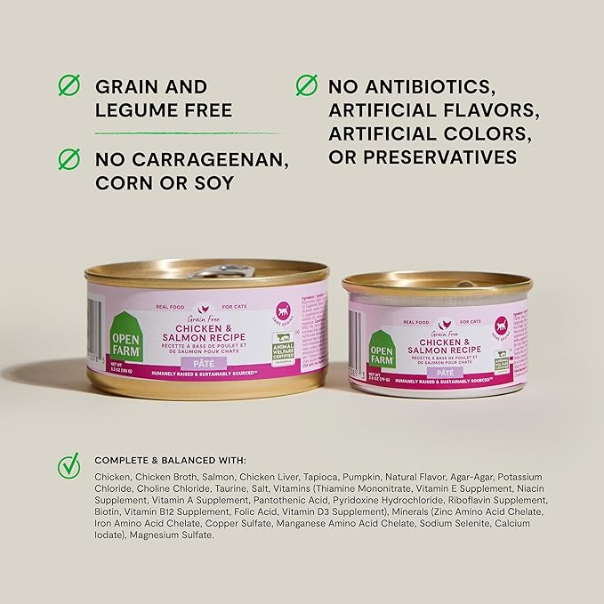 Open Farm Canned Cat Food, Paté for Complete &amp; Balanced Nutrition, Grain-Free and Legume-Free Wet Cat Food, Chicken &amp; Salmon Recipe, 5.3oz Cans (Case of 12)