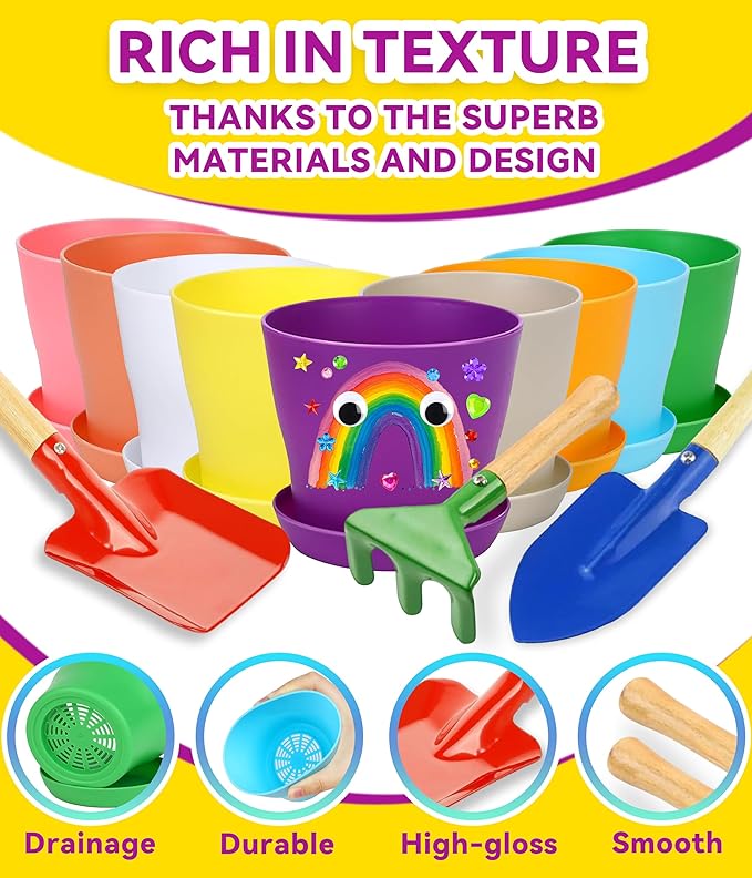 PAITIN Paint &amp; Plant Garden Pot Craft Kit - 4 Inch Plant Pots, Kids Gardening Tools, Labels, Paints, Brushes, Gem &amp; Eye Stickers - Perfect Spring Crafts Gifts for Women &amp; Kids