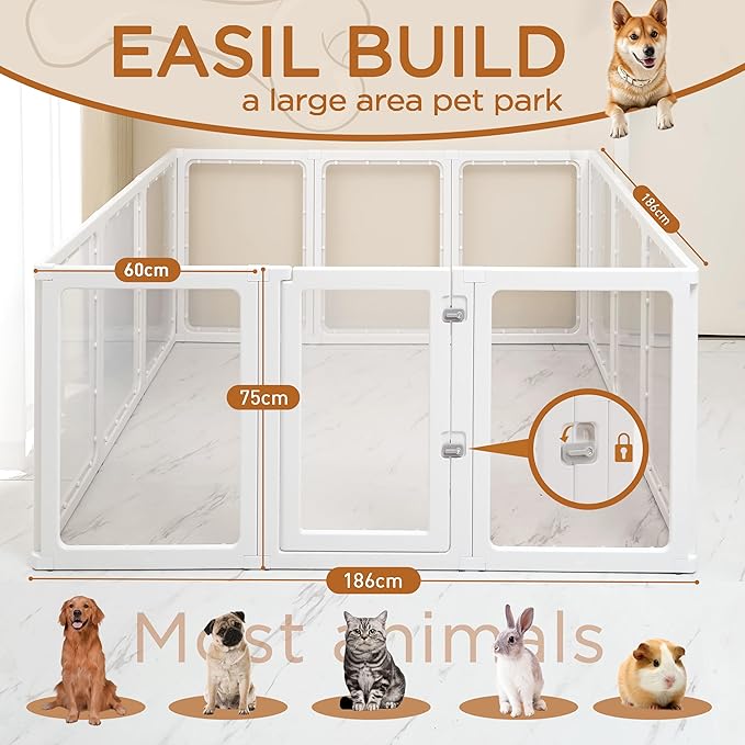 Citylife Clear Acrylic Plastic Dog Playpen Indoor,for Puppy Cat Rabbit Ferret Transparent Pet Pen,Easy Assemble Whelping Crate Kennel Cage Enclosure for Small &amp; Medium Dogs 12 Panels