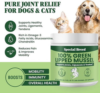 Green Lipped Mussel Powder for Dogs &amp; Cats - 100% New Zealand Green Lipped Mussels - Natural Hip &amp; Joint Supplement for Joints, Tendons, Ligaments, Muscles - 800 Grams - Up to 2,665 Servings