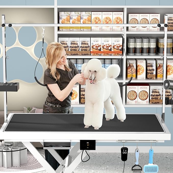 Heavy Duty Electric Lifting Pet Dog Grooming Table for Large Dogs with Overhead Arm, Anti-Skid Rubber Desktop and Powerful Motor, 50&