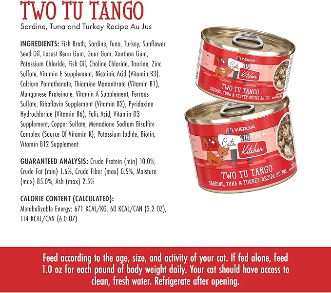 Weruva Cats in The Kitchen, Two Tu Tango with Sardine, Tuna &amp; Turkey Au Jus Cat Food, 6oz Can (Pack of 24)