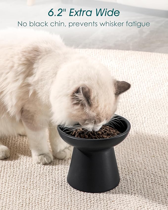 vancasso Ceramic Elevated Cat Bowls 2-Pack - 6.2" Extra Wide Raised Cat Food &amp; Water Dishes, 5.1" Optimal Height Anti-Whisker Fatigue Shallow Bowls for Cats/Kittens/Dogs, Lead &amp; Cadmium Free (Black)