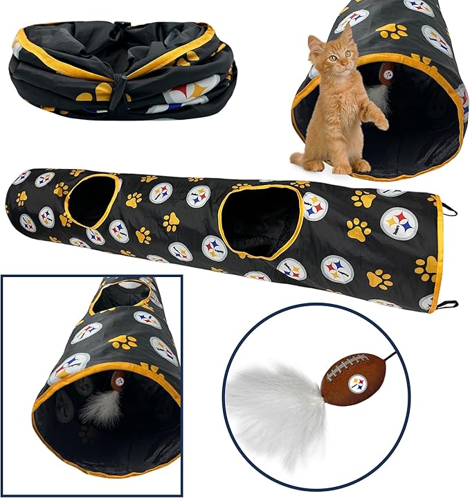 NFL Pittsburgh Steelers Cat Tunnel Tube Toy with Plush Football Catnip and Feathers Collapsible Tunnel for Cats to Play, Peek and Hide, Sporty &amp; Fun Cat Tunnel Toy with Team Logo All-Over Design!