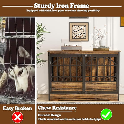 COZPAW 52 Inch Dog Crate Furniture, Extra Large Dog Kennel Indoor for XLarge Breed, Heavy Duty Dog Cage with Double Elegant Arched Doors, Decorate as TV Stand &amp; End Table-Retro Brown