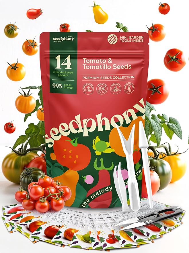 14 Tomatillo &amp; Tomato Seeds for Planting Variety Pack - 990+ Non-GMO Heirloom Vegetable Seeds for Growing Tomato Indoor &amp; Outdoor: Cape Gooseberry, Cherry, Flame, Roma, Beefsteak Tomatoes