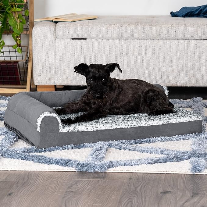 Furhaven Cooling Gel Dog Bed for Medium/Small Dogs w/ Removable Bolsters &amp; Washable Cover, For Dogs Up to 35 lbs - Two-Tone Plush Faux Fur &amp; Suede L Shaped Chaise - Stone Gray, Medium