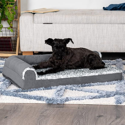 Furhaven Cooling Gel Dog Bed for Medium/Small Dogs w/ Removable Bolsters &amp; Washable Cover, For Dogs Up to 35 lbs - Two-Tone Plush Faux Fur &amp; Suede L Shaped Chaise - Stone Gray, Medium