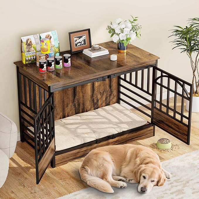 COZPAW 52 Inch Dog Crate Furniture, Extra Large Dog Kennel Indoor for XLarge Breed, Heavy Duty Dog Cage with Double Elegant Arched Doors, Decorate as TV Stand &amp; End Table-Retro Brown