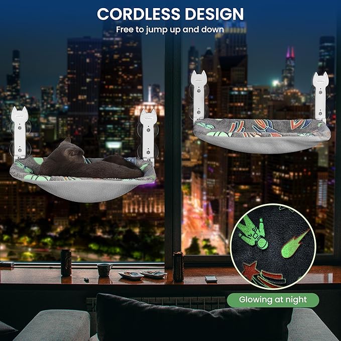 2 Pack Cat Window Perch, Glow in The Dark Foldable Cat Hammock with Sunken Design &amp; Removable Soft Cover, Breathable Cordless Window Bed for Resting Indoor Kitten (Shallow Perch, 2 Pack - M)