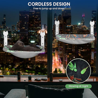 2 Pack Cat Window Perch, Glow in The Dark Foldable Cat Hammock with Sunken Design &amp; Removable Soft Cover, Breathable Cordless Window Bed for Resting Indoor Kitten (Shallow Perch, 2 Pack - M)