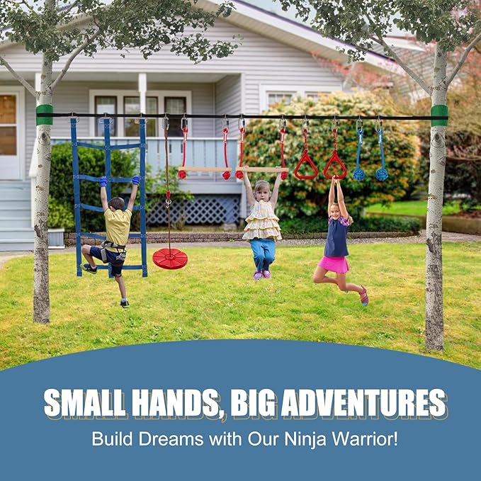 Slsy Ninja Warrior Obstacle Course for Kids, 50FT Durable Ninja Slackline Kit with 8 Complete Accessories, Playset Equipment with Swing, Climbing Net, Ladder &amp; Monkey Bars (8 Obstacles)