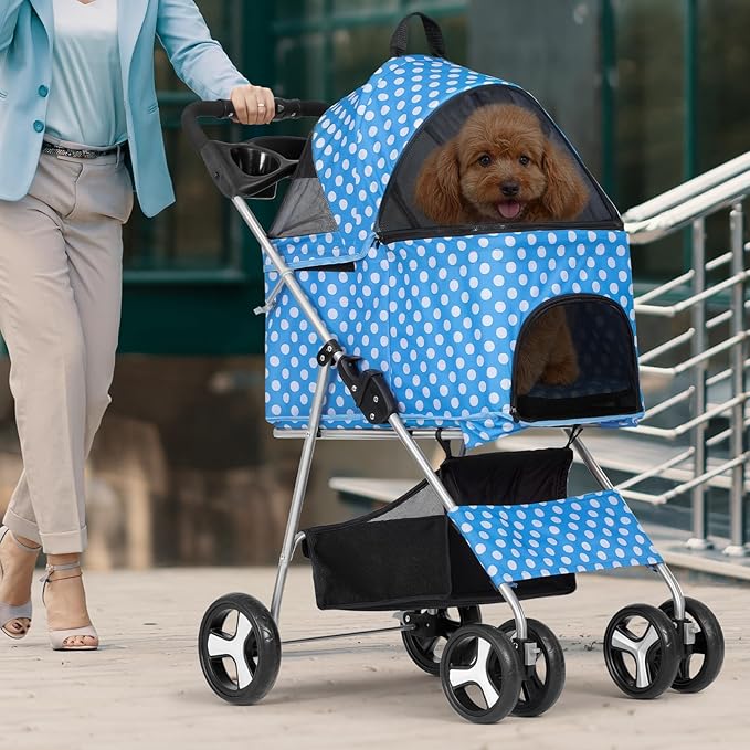 Magshion Foldable Pet Stroller, 3-in-1 Dog Travel Jogger with Detachable Carrier, Cup Holder, Storage Basket, Folding Carrier for Small/Medium Dogs &amp; Cats Up to 33 lbs, Sky Blue Polka Dots