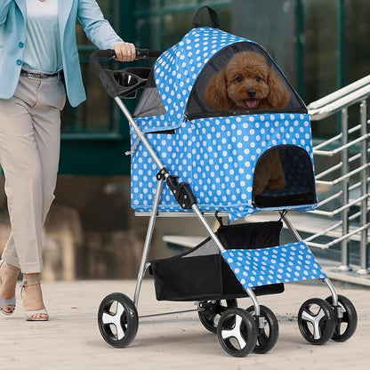 Magshion Foldable Pet Stroller, 3-in-1 Dog Travel Jogger with Detachable Carrier, Cup Holder, Storage Basket, Folding Carrier for Small/Medium Dogs &amp; Cats Up to 33 lbs, Sky Blue Polka Dots