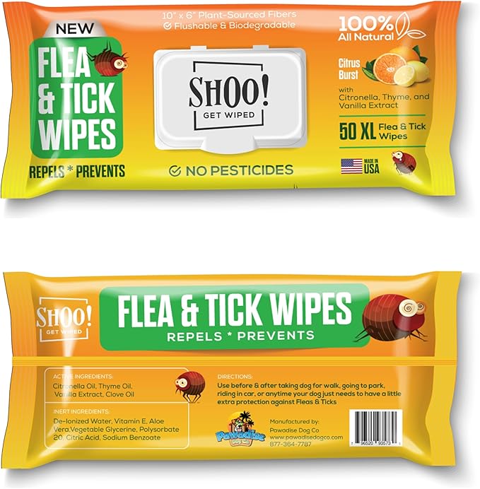Shoo! Flea &amp; Tick Wipes for Dogs | Convenient, Easy On-The-Go Protection | Plant Based, Natural Oils, Chemical Free | Repels &amp; Prevents | 50 XL Wipes | (Citrus Burst)