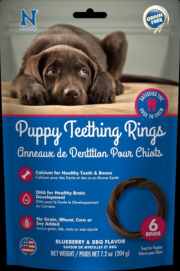 N-Bone Puppy Teething Rings Grain-Free Blueberry &amp; BBQ Flavor Dog Treat, 6 Count Bag, 7.2-oz