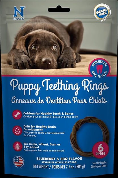 N-Bone Puppy Teething Rings Grain-Free Blueberry &amp; BBQ Flavor Dog Treat, 6 Count Bag, 7.2-oz