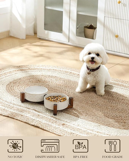 MALACASA Dog Bowl Set with Walnut Wood Stand, 1.5 Cups Ceramic Pet Bowls for Puppy Dogs, Dual Food and Water Bowls with Weighted Non-Slip Base, Basic Bowls for Your Dog or Cat, Rhombic &amp; Polka Dots