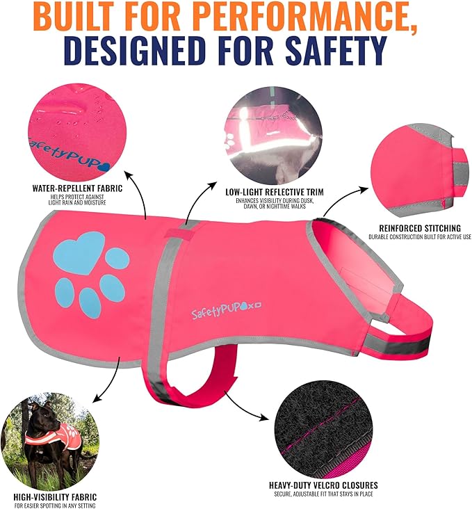 Dog Reflective Vest – Hi-Vis Fluorescent Visibility That Helps to Safeguard Your Pet On/Off Leash in Urban &amp; Rural Areas (Pink, X-Large)