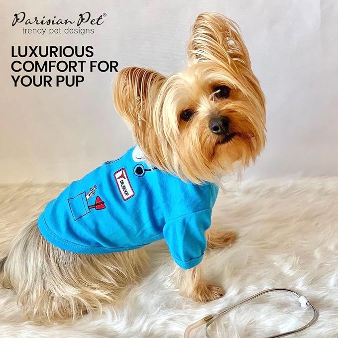 Parisian Pet Doctor Woof Dog Shirt - Embroidered Dog Pirate Costume - 100% Cotton &amp; Polyester Doctor Outfit for Dog - Sleeved Dog Clothes - Blue Funny Dog Shirts for Large Dogs - Pet Costumes - L