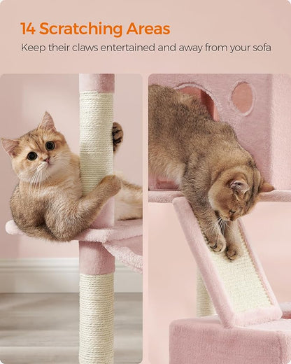 Feandrea Cat Tree, 81.1-Inch Large Cat Tower with 13 Scratching Posts, 2 Perches, 2 Caves, Basket, Hammock, Pompoms, Multi-Level Plush Cat Condo for Indoor Cats, Jelly Pink UPCT190P01