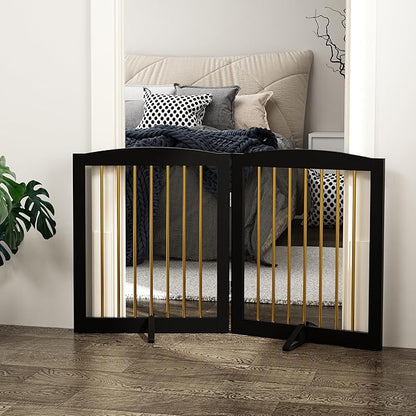 Freestanding Pet Gate for Dogs, Foldable Wooden Dog Gate for House, Stairs, Doorways, Step Over Pet Puppy Safety Fence,Support Feet Included,24" Height 2 Panels, Black&amp;Gold