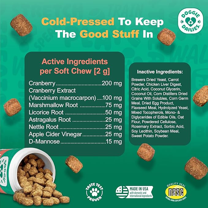 Doggie Dailies Cranberry Supplement for Dogs - Urinary Tract, Bladder &amp; Kidney Support for Dogs - Cranberry for dogs with Marshmallow Root, Licorice Root &amp; Apple Cider Vinegar (Chicken) 225 Soft Chews