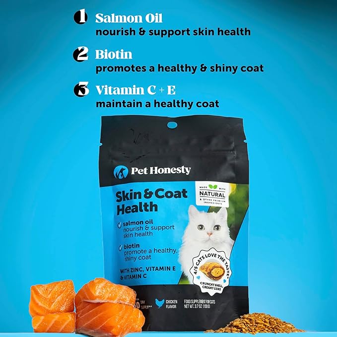 Cat Skin &amp; Coat Health Crunchy &amp; Creamy Chews - Omegas, Vitamin C + E, Biotin Supplement, Soothes Skin and Promotes Shiny Coat, Cat Supplements &amp; Vitamins - Chicken (30-Day Supply)
