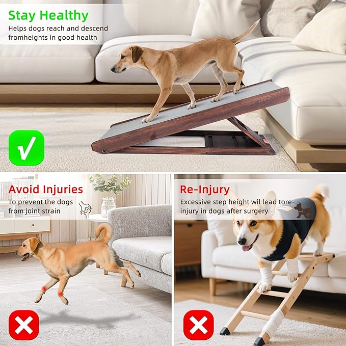Folding Dog Ramp for Bed, Couch, Car, SUV &amp; RV - Adjustable 4 Heights (12.2"-19.2"), 35.4" Long Wooden Pet Ramp with Non-Slip Mat &amp; Safety Rails - Supports Pets up to 200 lbs