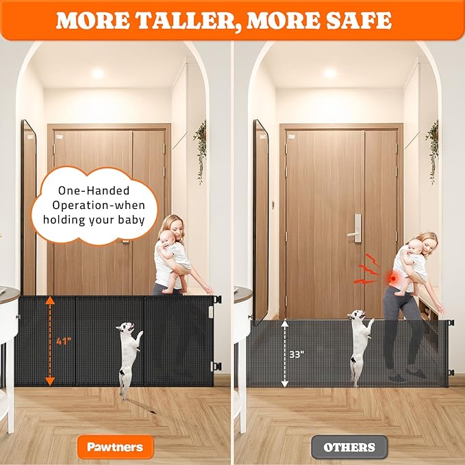 Pawtners Retractable Baby Gates Extra Wide, 41" Tall Extends up to 200" Wide, Dog Gate Indoor for Stairs, Pet Gate with Support Rods for Doorways Hallways Garage Indoor &amp; Outdoor-Black