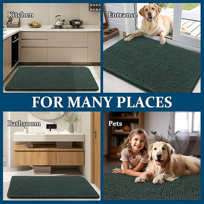 OLANLY Dog Door Mat for Muddy Paws 30x20, Absorbs Moisture and Dirt, Absorbent Non-Slip Washable Doormat, Quick Dry Chenille Mud Mat, Entry Indoor Entryway Carpet for Inside Floor, Blackish Green
