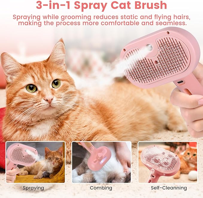 Steam Brush for Shedding Pets - Self-Cleaning Grooming Comb with Water Tank for Long &amp; Short Haired Cats and Dogs (Pink)