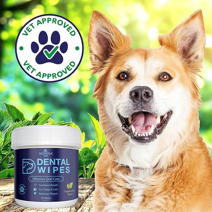 NOVEHA Pets Dental Finger Wipes for Dogs &amp; Cats | Freshens Breath, Reduces Plaque | Healthier Gums | Clean Teeth No Toothbrush | Vet Recommended Effective Natural Oral Care (50 pcs, Mint)