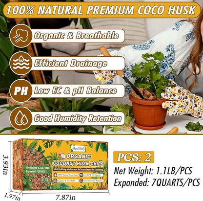 Zeedix 2 Pack Coco Husk Chips for Plants(2.2LB), 100% Organic Coconut Chips Mulch with Low EC &amp; PH Balance, All Purpose for Indoor Plant Flowers Herbs Vegetables, Reptiles Terrarium Tanks Substrate