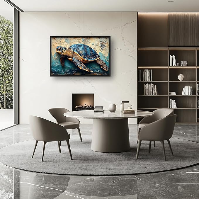 Large Nautical Turtle Wall Art for Living Room, Coastal Ocean Canvas Oversized Wall Decor, Beach Aesthetics Framed Pictures Painting Print Artwork for Bedroom Office 36L" x 24W"