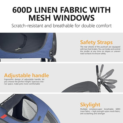 Extra Large Dog Stroller for Medium &amp; Large Pets - Foldable Design, Adjustable Handle, Up to 130 lbs(Blue)