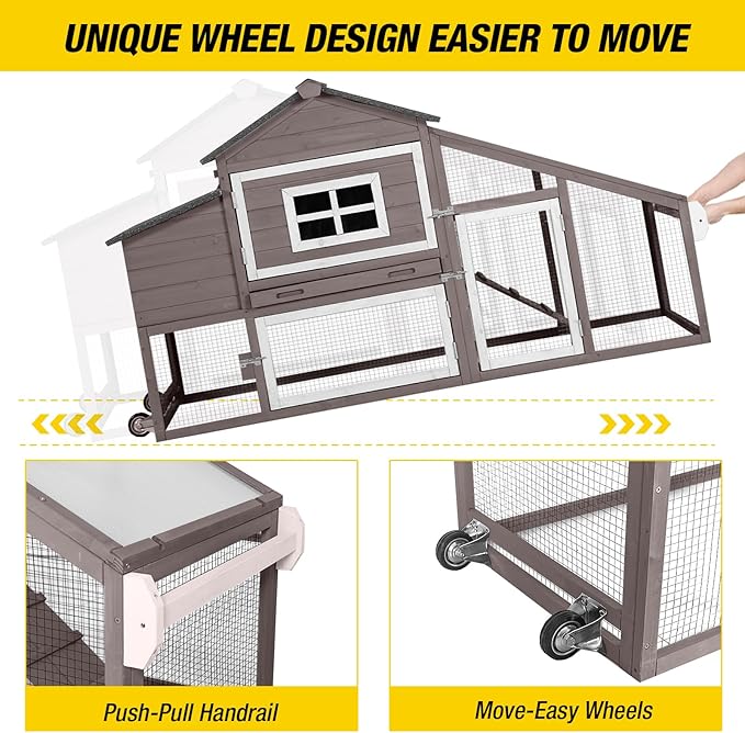 Aivituvin Chicken Coop Outdoor with Wheels, Mobile Hen House Wooden Poultry Cage with Run &amp; Waterproof Roof (Grey with White)