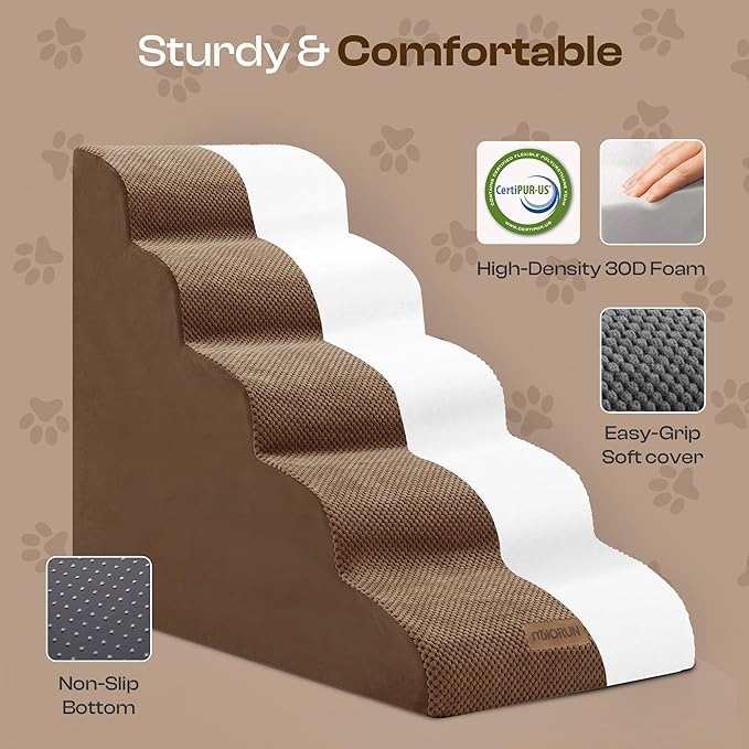 Dog Stairs for High Beds Up to 26-30", 5-Step Foam Pet Ramp with Washable Cover, Gentle Slope Steps, Bed &amp; Couch Ladder for Small Medium Dogs &amp; Senior Cat, Puppy Stairs to Get on Tall Furniture