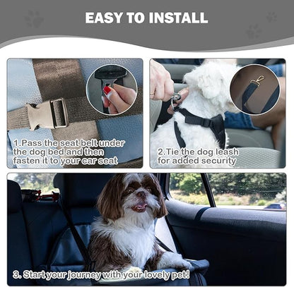 Dog Car Seat for Small Dogs, Large Leather Dog Car Bed with Storage Pocket, Waterproof PVC Leather Booster Seat Travel Bed for Front &amp; Back Seat, Clip-On Safety Leash (Blue/Brown)