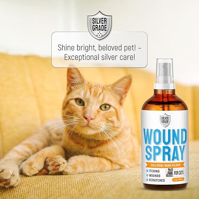 Cat Wound Care Spray with Silver – Wounds, Rashes, Hot Spots, Itch, Scratching, Irritation, Bites &amp; Burns – Use a Cat Cone to Prevent Licking – Safe Formula – 4 Oz