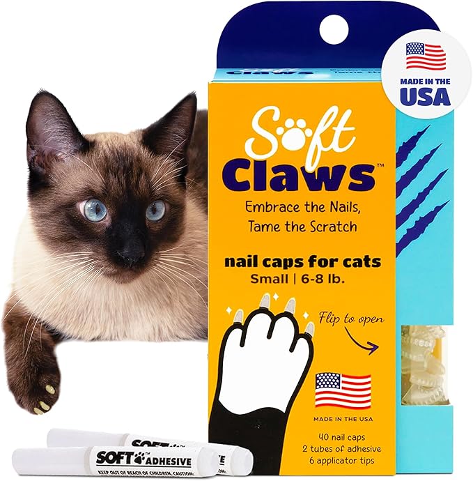 Soft Claws Cat Nail Caps for Small Cats – (40 Caps, Clear) - Made in USA - Veterinarian-Developed | Protects Furniture &amp; Skin - Easy to Apply, Long-Lasting Anti-Scratch Soft Cat Claw Covers
