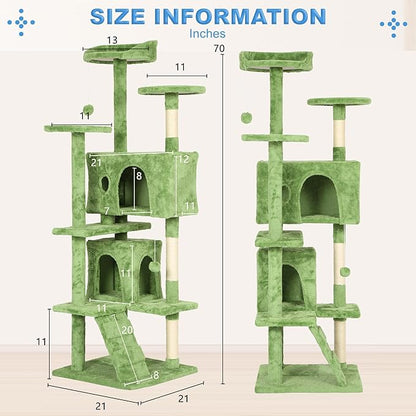 FDW Cat Tree 70in Cat Tower Multi-Level Durable Cat Scratching Post &amp; Cozy Fun Cat Jumping Platform Space Saving Cat Condo Pet Play House for Indoor Cats,Green