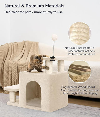 Happi N Pets Dog Stairs with Cat Scratching Post &amp; Large Condo, Stable Pet Steps for High Beds Couch, 3 Combinations Cat Ramp Tree Tower for Cats or Small Dogs, Removable Cushion &amp; Bonus Toy, Beige