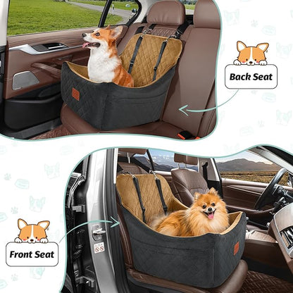 Dog Booster Car Seat for Up to 35lbs Pets,Easy to Install,Fully Detachable and Washable,Anti-Slip Base,Snug Puppy Car Seat with 2 Clip-On Leashes(Black/Coffee,Medium)