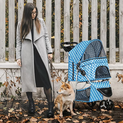 MoNiBloom 3 Wheels Pet Dog Cat Stroller for Small Medium Dogs Cats, Foldable Jogger Stroller w/Storage Basket and Cup Holder, Sky Blue Polka Dots