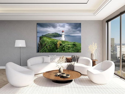 Nature Wall Art Prints - Ocean Forest Mountain Lake Canvas Landscapes - Small to Extra Large Living Room Bedroom Kitchen Bathroom Décor (Stormy Sky Lighthouse, 24L" x 36W")