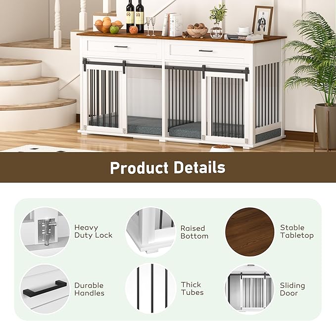 MUPATER 63" L x 23.6" W x 33.3" H Double Wooden Dog Cage Table with 2 Large Drawers &amp; Safety Locks, Large Dog Crate Furniture for 2 Dogs with Removable Divider, Decorative Indoor Dog Kennel Furniture