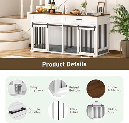 MUPATER 63" L x 23.6" W x 33.3" H Double Wooden Dog Cage Table with 2 Large Drawers &amp; Safety Locks, Large Dog Crate Furniture for 2 Dogs with Removable Divider, Decorative Indoor Dog Kennel Furniture