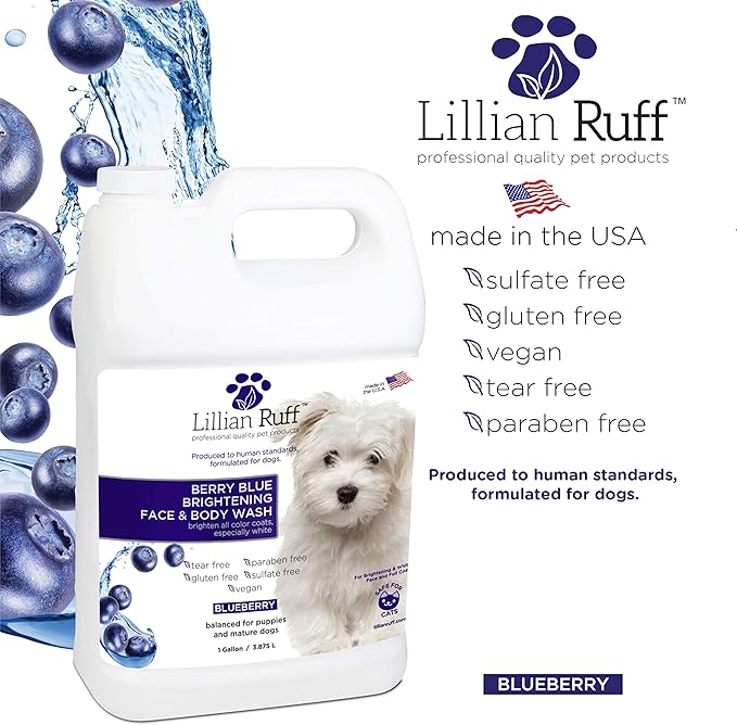 Lillian Ruff PRO Formula Berry Blue Brightening Pet Shampoo - Ultra-Hydrating Professional Whitening Dog Shampoo, Vivid Show-Quality Coat Enhancer, Tear Stain &amp; Odor Eliminator - Vitamin B5 (Gallon)